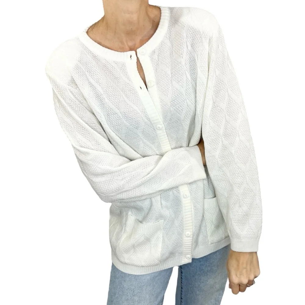 Vintage 80s 90s ivory white lattice knit grandma cardigan sweater